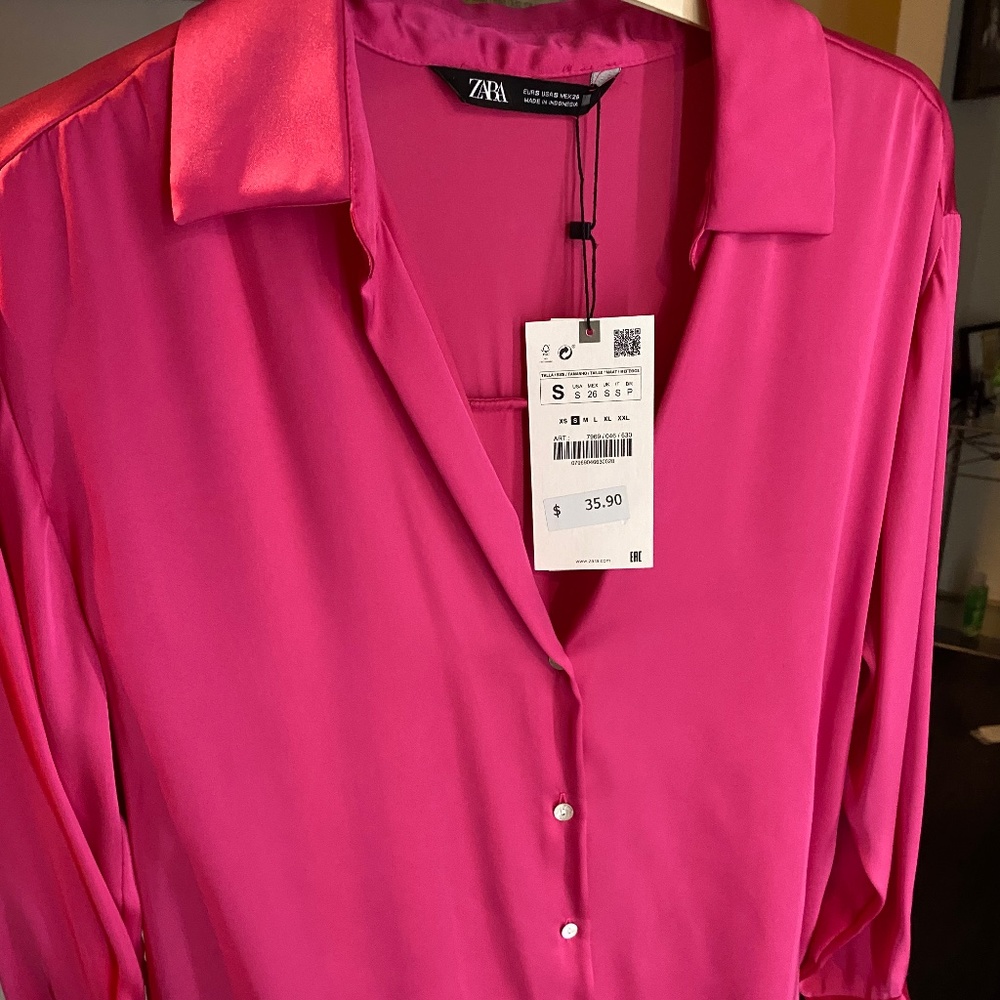 NWT Zara Fuchsia Pink Satin Blouse